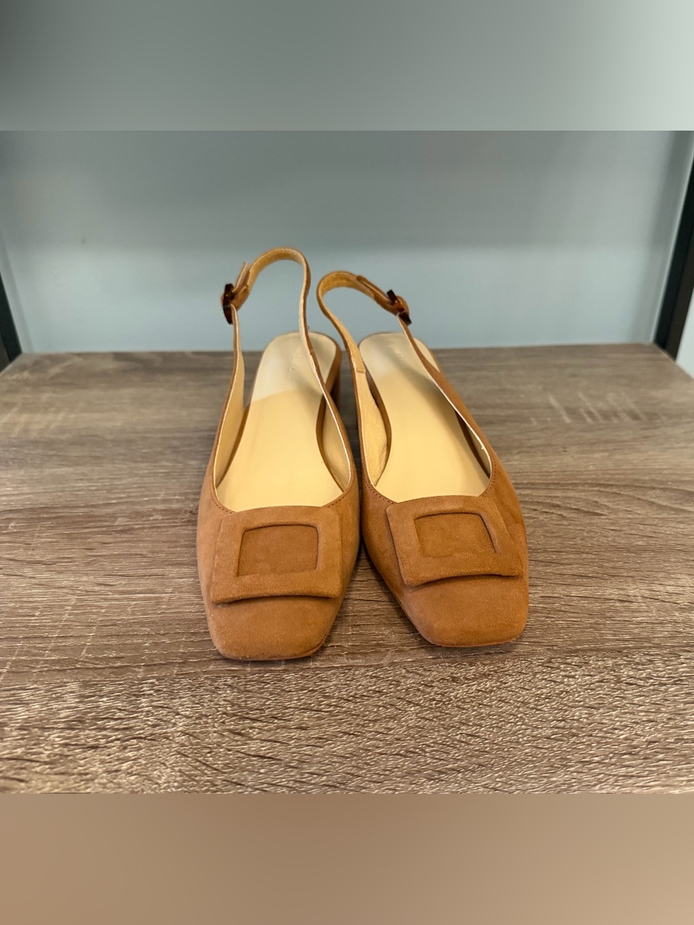 J. McLaughlin Tan Suede Square-Buckle Slingback Mules